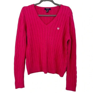 Chaps Cable Knit Hot Pink Long Sleeve V-Neck Sweater Size Large GUC